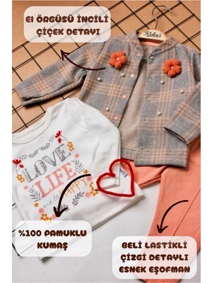 Kidex’s Baby %100 Pamuklu Incili Çiçekli Ekose Kumaş Kız Bebek Üçlü Takım