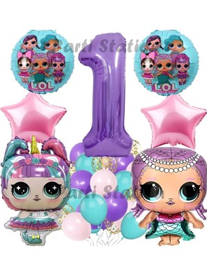 Parti Station Lol Surprise Konsept 1 Yaş Balon Set Unicorn Lol Bebek Mor Rakam Balon Parti Doğum Günü Balon Set
