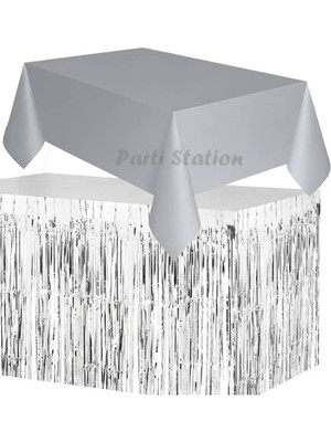 Parti Station Masa Örtüsü ve Masa Eteği Set Plastik Gri Renk Masa Örtüsü Gümüş Renk Metalize Sarkıt Masa Eteği Set