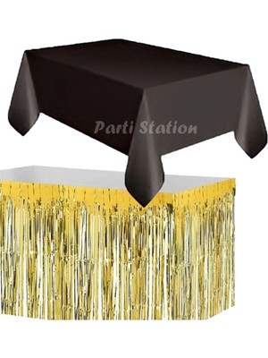 Parti Station Masa Örtüsü ve Masa Eteği Set Plastik Siyah Renk Masa Örtüsü Gold Altın Renk Metalize Masa Eteği Set