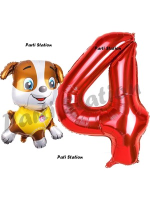 Parti Station Paw Patrol Inşaat Köpek Rubble 4 Yaş Balon ve Kırmızı Rakam Balon Doğum Günü Parti Set