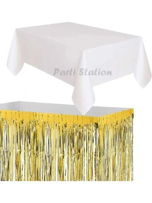 Parti Station Masa Örtüsü Masa Eteği Plastik Beyaz Renk Masa Örtüsü Altın Gold Renk Metalize Sarkıt Masa Eteği Set