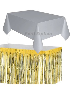 Parti Station Masa Örtüsü ve Eteği Set Plastik Gri Renk Masa Örtüsü Altın Gold Renk Metalize Sarkıt Masa Eteği Set