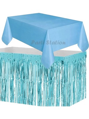 Parti Station Masa Örtüsü ve Eteği Set Plastik Mavi Renk Masa Örtüsü Mavi Renk Metalize Sarkıt Masa Eteği Set