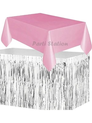 Parti Station Masa Örtüsü ve Etek Set Plastik Pembe Renk Masa Örtüsü Gümüş Renk Metalize Sarkıt Masa Eteği Set