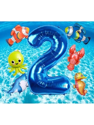 Parti Station Okyanus Hayvanları 2 Yaş Doğum Günü Balon Set Deniz Canlıları Köpek Balığı Ahtapot Kırmızı Balık Set