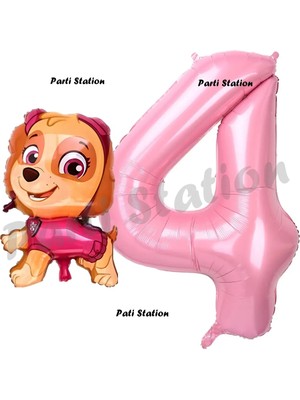 Parti Station Paw Patrol Skye 4 Yaş Balon ve Pembe Rakam Balon Doğum Günü Parti Set