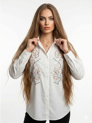 Ribana Classic Kadın Önü Nakışlı Yazlık Dokuma Kumaş Boyfriend  Gömlek 4713