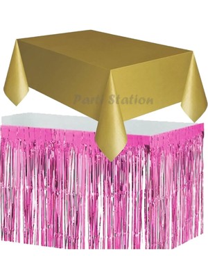 Parti Station Masa Örtüsü Masa Eteği Plastik Altın Gold Renk Masa Örtüsü Pembe Renk Metalize Sarkıt Masa Eteği Set