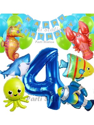 Parti Station Büyük Boy Balonlu Okyanus Hayvanları 4 Yaş Doğum Günü Balon Set Deniz Canlıları Balon Set