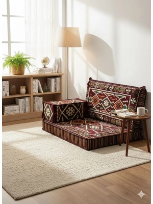 Bakırözü Home Şark Köşesi Takımı , 95 cm Yer Minderi Takımı Anadolu Bordo Modeli (3 Parça)