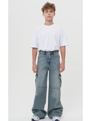 Haykids Erkek Çocuk Eskitme Kargo Cepli Kot Pantolon - Bol Kesim ve %100 Pamuklu Geniş Paça