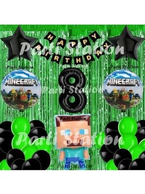 Parti Station Minecraft Balon Set 8 Yaş Minecraft Oyun Yeşil Konsept Doğum Günü Parti Balon Set