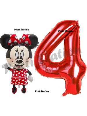 Parti Station Minnie Mouse 4 Yaş Doğum Günü Set Minnie Mouse Konsept Balon ve Kırmızı Rakam Balon Set