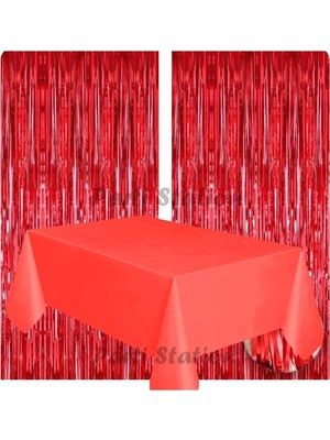 Parti Station 2 Adet Kırmızı Renk Metalize Arka Fon Perdesi ve 1 Adet Plastik Kırmızı Renk Masa Örtüsü Set
