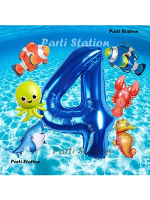 Parti Station Okyanus Hayvanları 4 Yaş Doğum Günü Balon Set Deniz Canlıları Köpek Balığı Ahtapot Kırmızı Balık Set