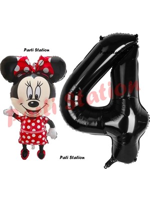 Parti Station Minnie Mouse 4 Yaş Doğum Günü Set Minnie Mouse Konsept Balon ve Siyah Rakam Balon Set