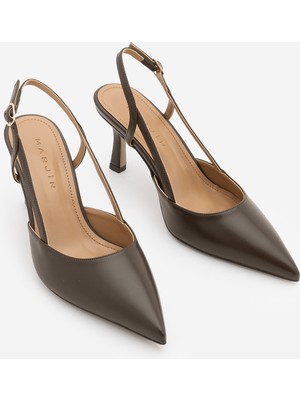 Marjin Kadın Stiletto Yanları Açık Bantlı Sivri Burun Klasik Topuklu Ayakkabı Suder Kahve