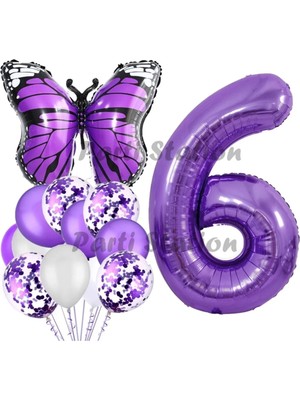 Parti Station Mor Kelebek Konsept 6 Yaş Balon Set Butterfly Kelebek Mor Rakam Balon Parti Doğum Günü Balon Set
