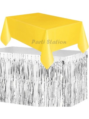 Parti Station Masa Örtüsü ve Masa Eteği Set Plastik Sarı Renk Masa Örtüsü Gümüş Renk Metalize Masa Eteği Set