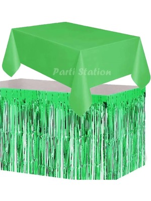 Parti Station Masa Örtüsü ve Masa Eteği Set Plastik Yeşil Renk Masa Örtüsü Yeşil Renk Metalize Masa Eteği Set