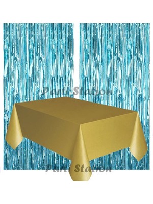 Parti Station 2 Adet Mavi Renk Metalize Arka Fon Perdesi ve 1 Adet Plastik Gold Altın Renk Masa Örtüsü Set