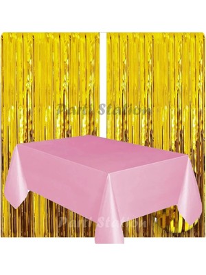 Parti Station 2 Adet Altın Gold Renk Metalize Arka Fon Perdesi ve 1 Adet Plastik Pembe Renk Masa Örtüsü Set