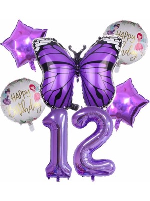 Parti Station Mor Kelebek Mor Renk 12 Yaş Rakam Balon Set Doğum Günü Parti Mor Renk Helyum Balon Mor Rakam Balon