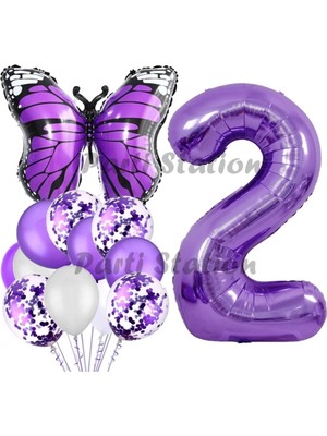 Parti Station Mor Kelebek Konsept 2 Yaş Balon Set Butterfly Kelebek Mor Rakam Balon Parti Doğum Günü Balon Set