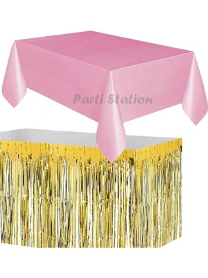 Parti Station Masa Örtüsü Etek Set Plastik Pembe Renk Masa Örtüsü Altın Gold Renk Metalize Sarkıt Masa Eteği Set