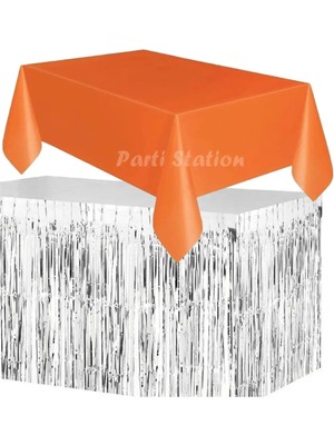 Parti Station Masa Örtüsü ve Masa Eteği Set Plastik Turuncu Renk Masa Örtüsü Gümüş Renk Metalize Masa Eteği Set