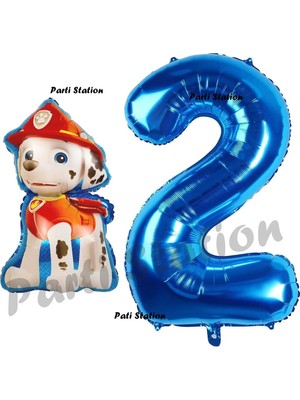 Parti Station Paw Patrol Itfaiye Köpek Marshall 2 Yaş Balon ve Lacivert Rakam Balon Doğum Günü Set