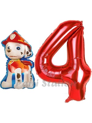 Parti Station Paw Patrol Itfaiye Köpek Marshall 4 Yaş Balon ve Kırmızı Rakam Balon Doğum Günü Set