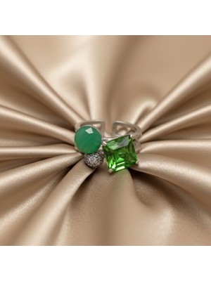 Yeşil Taşlı Çelik Ayarlanabilir Yüzük