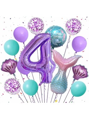 Parti Station Mor Renk Deniz Kızı Konsept 4 Yaş Rakam Balon Set Deniz Kızı Temalı Doğum Günü Parti Seti