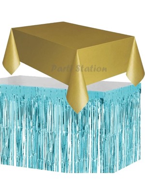 Parti Station Masa Örtüsü Masa Eteği Plastik Altın Gold Renk Masa Örtüsü Mavi Renk Metalize Sarkıt Masa Eteği Set