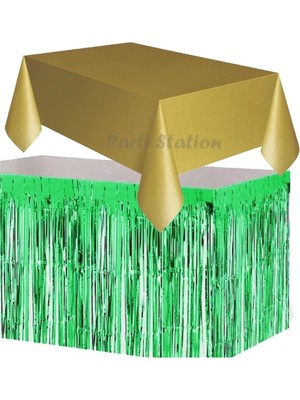 Parti Station Masa Örtüsü Masa Eteği Plastik Altın Gold Renk Masa Örtüsü Yeşil Renk Metalize Sarkıt Masa Eteği Set