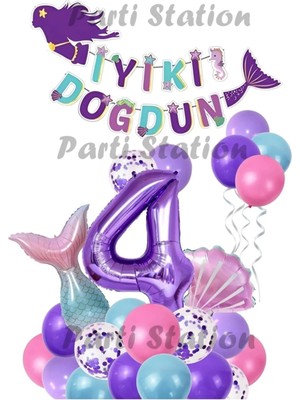 Parti Station Mor Rakam Balon Deniz Kızı Konsept Parti 4 Yaş Balon Set Mermaid Doğum Günü Balon Set Deniz Kızı