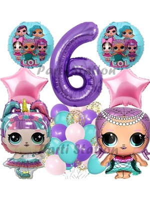 Parti Station Surprise Konsept 6 Yaş Balon Set Unicorn Lol Bebek Mor Rakam Balon Parti Doğum Günü Balon Set