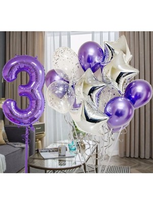 Parti Station Mor 3 Yaş Balon Seti Mor Renk Rakam Balon Set Doğum Günü Parti Mor Renk Helyum Balon Mor Rakam Balon