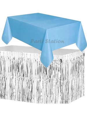 Parti Station Masa Örtüsü ve Eteği Set Plastik Mavi Renk Masa Örtüsü Gümüş Renk Metalize Sarkıt Masa Eteği Set