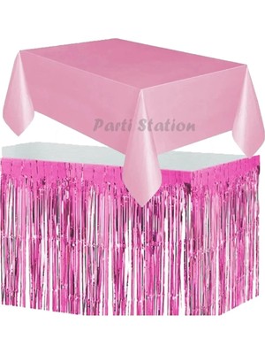Parti Station Masa Örtüsü ve Etek Set Plastik Pembe Renk Masa Örtüsü Pembe Renk Metalize Sarkıt Masa Eteği Set