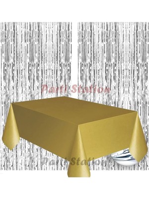 Parti Station 2 Adet Gümüş Gri Renk Metalize Arka Fon Perdesi ve 1 Adet Plastik Gold Altın Renk Masa Örtüsü Set