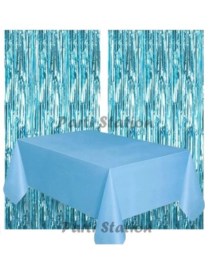Parti Station 2 Adet Mavi Renk Metalize Arka Fon Perdesi ve 1 Adet Plastik Mavi Renk Masa Örtüsü Set