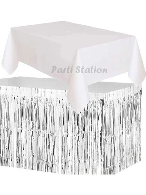 Parti Station Masa Örtüsü ve Masa Eteği Plastik Beyaz Renk Masa Örtüsü Gümüş Renk Metalize Sarkıt Masa Eteği Set