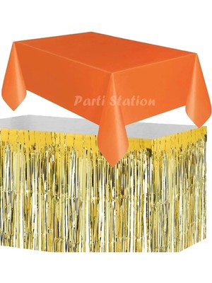 Parti Station Masa Örtüsü ve Eteği Set Plastik Turuncu Renk Masa Örtüsü Gold Altın Renk Metalize Masa Eteği Set