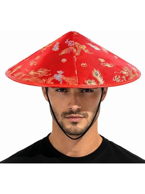 Kyops Kırmızı Saten Çin Desenli Dragon Işlemeli Şapka – Lastikli - Lisinya
