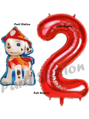 Parti Station Paw Patrol Itfaiye Köpek Marshall 2 Yaş Balon ve Kırmızı Rakam Balon Doğum Günü Set