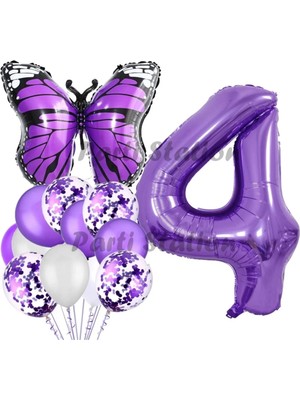 Parti Station Mor Kelebek Konsept 4 Yaş Balon Set Butterfly Kelebek Mor Rakam Balon Parti Doğum Günü Balon Set