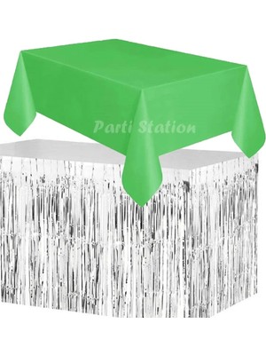 Parti Station Masa Örtüsü ve Masa Eteği Set Plastik Yeşil Renk Masa Örtüsü Gümüş Renk Metalize Masa Eteği Set